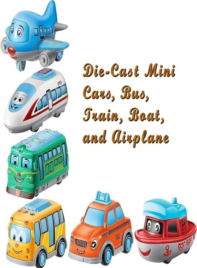 CIRBOX Pull-Back Metal Toy Vehicle Set - 6PCS Cartoon Transport Vehicles | Die-Cast Mini Cars, Bus, Train, Boat, and Airplane for Toddlers & Kids Boys & Girls - Image 3
